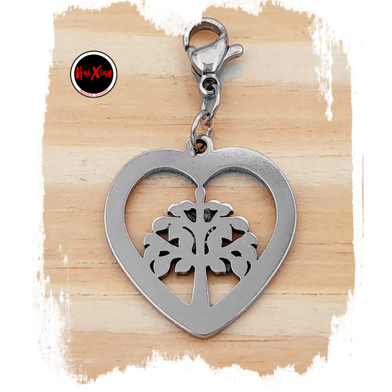 ARBOL DE LA VIDA CALADO EN CORAZON C/ MOSQUETON P/ PULSERA DIJE
