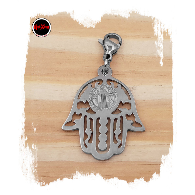 MANO FATIMA CALADA C/ SAN BENITO LASER Y MOSQUETON P/ PULSERA DIJE