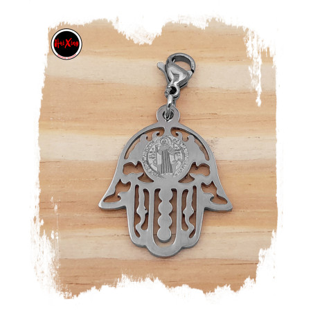 MANO FATIMA CALADA C/ SAN BENITO LASER Y MOSQUETON P/ PULSERA DIJE