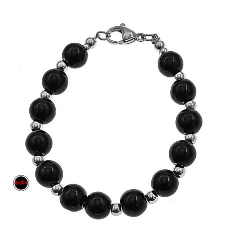 CUENTAS NEGRO BRILLANTE Y BOLITAS DE ACERO QUIRURGICO 17CM PULSERA