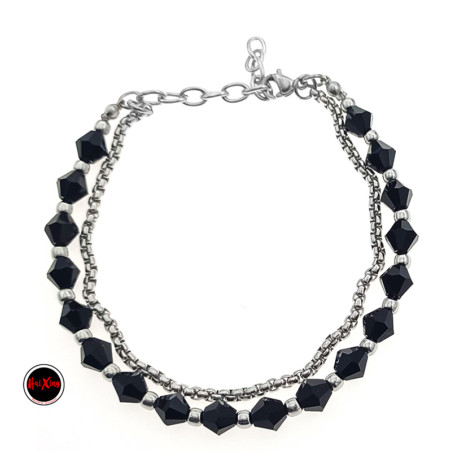 NEGRO DOBLE CONO CRISTAL FACETADO Y ROLO CUADRADA 18+2 CM PULSERA