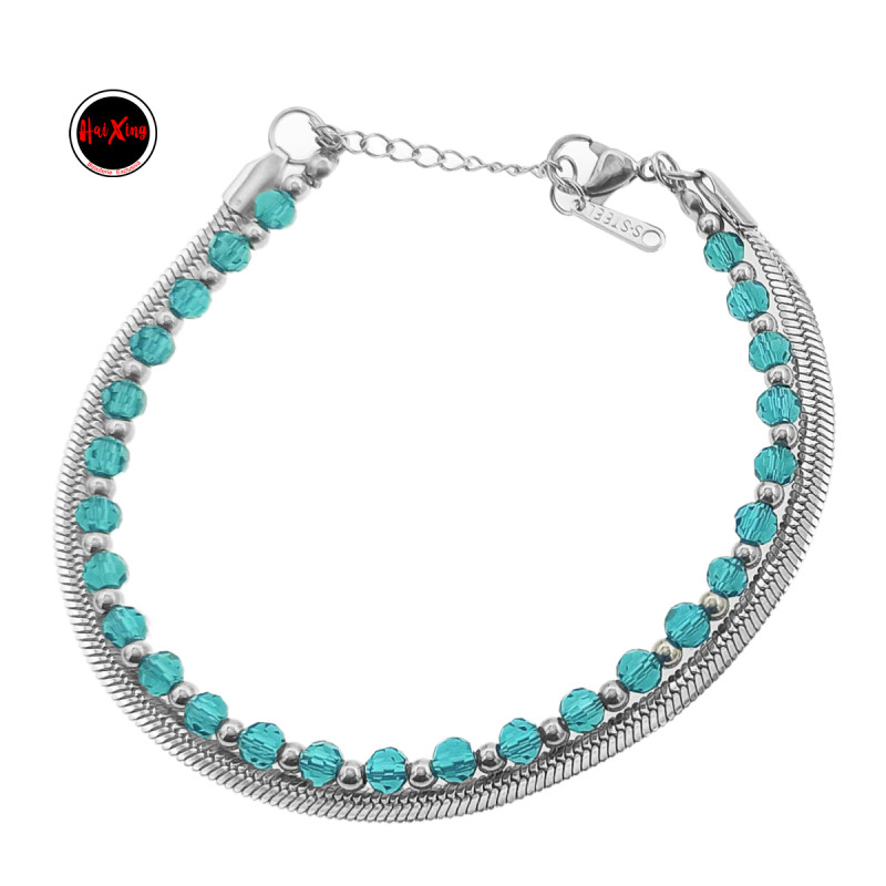 TURQUESA  CADENA CINTA PLANA Y CUENTAS FACETADAS C/ BOLITAS DE ACERO QUIRÚRGICO 18+5CM PULSERA