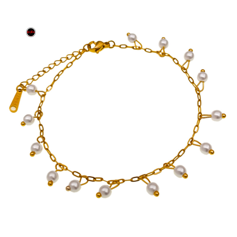 DORADO CATORCE PERLAS COLGANTES 18+4 CM PULSERA