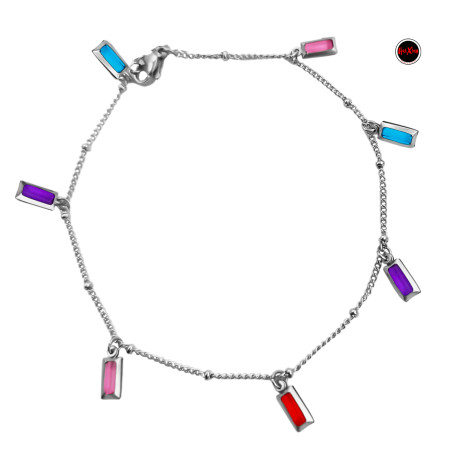 RECTANGULOS STRASS SIETE COLORES Y BOLITAS - 18 + 5 CM PULSERA