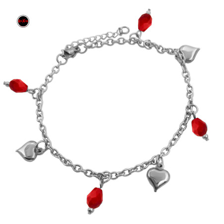 ROJO GOTAS CRISTAL FACETADO BOLITA Y CORAZONES 3D 20 + 4 CM PULSERA / TOBILLERA