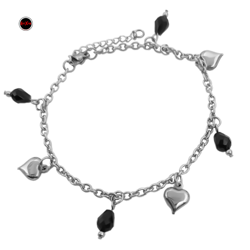 NEGRO GOTAS CRISTAL FACETADO BOLITA Y CORAZONES 3D 20 + 4 CM PULSERA / TOBILLERA