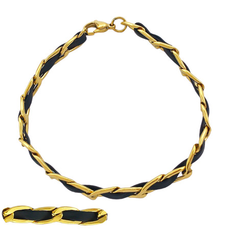 DORADO NEGRO ESLABONES ENTRELAZADOS C/ SIMIL CUERO 18CM PULSERA