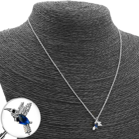 AZUL COLIBRI PICAFLOR CUBIC Y LUVIA DE STRASS C/ LL45+5CM COLLAR