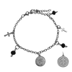 NEGRO CRISTAL SAN BENITO Y CRUCES C/CUENTAS BOLITA Y CADENA 18+3CM PULSERA