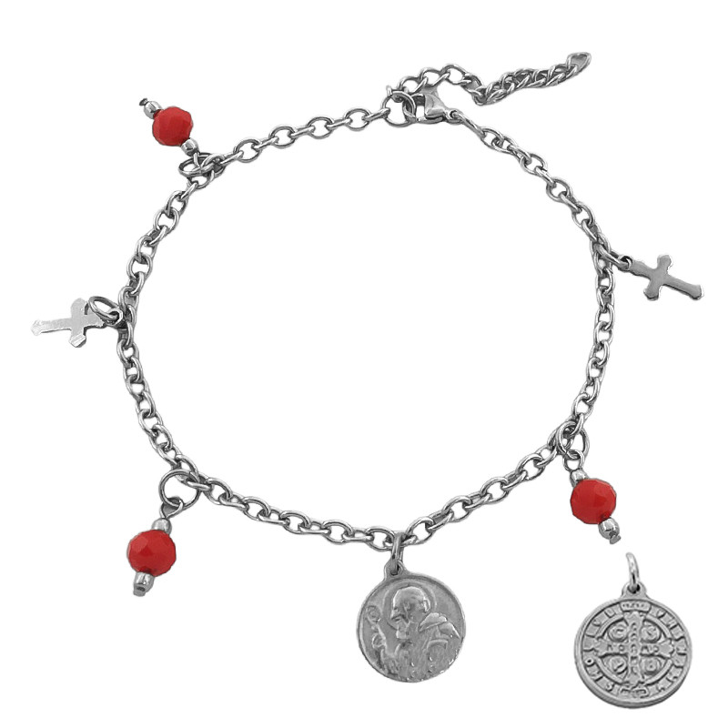 ROJO PLENO CRISTAL SAN BENITO Y CRUCES C/CUENTAS BOLITA Y CADENA 18+3CM PULSERA