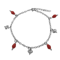 ROJO PLENO GOTAS CRISTAL FACETADO Y CORAZONES 3D 21+3 CM PULSERA / TOBILLERA