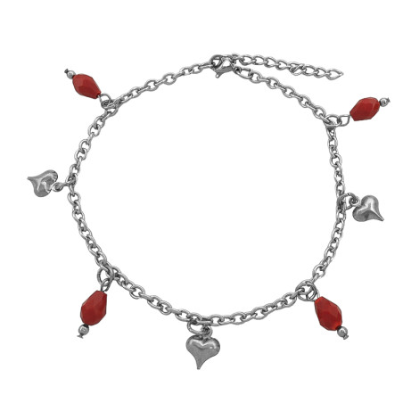 ROJO PLENO CRISTAL FACETADO Y CORAZONES 3D 21+3 CM PULSERA / TOBILLERA