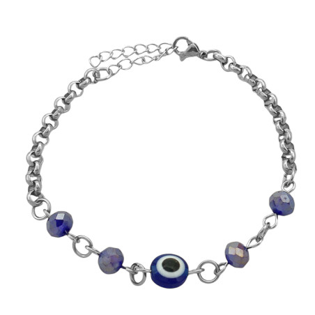 OJO TURCOS AZUL Y CUATRO CUENTAS AZUL AB CRISTAL FACETADO 17+3CM PULSERA