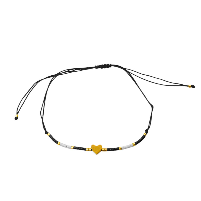 DORADO CORAZON GRUESO CANUTILLOS EN HILO NEGRO 18+3CM PULSERA / TOBILLERA