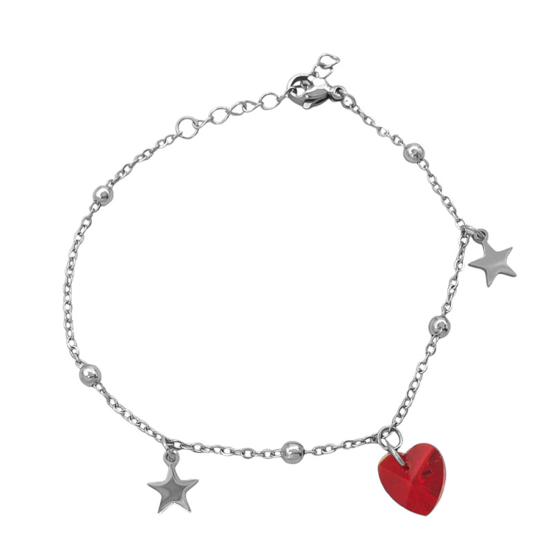 ROJO CRISTAL CORAZON 2 ESTRELLAS LISAS 5 BOLITAS 18+3CM PULSERA / TOBILLERA