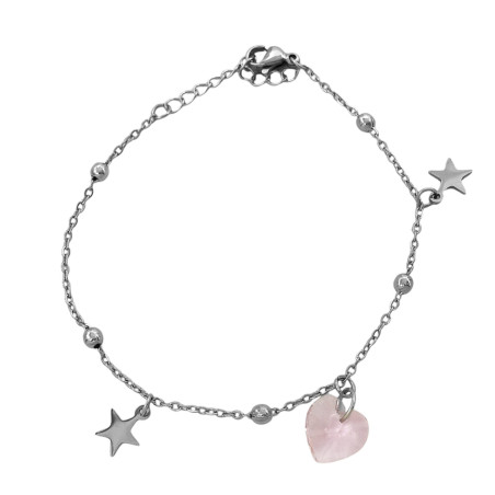 ROSA CRISTAL CORAZON 2 ESTRELLAS LISAS 5 BOLITAS 18+3CM PULSERA / TOBILLERA