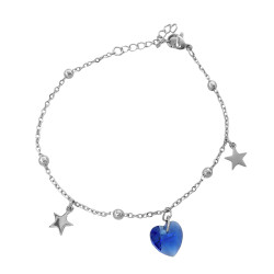 AZUL CRISTAL CORAZON 2 ESTRELLAS LISAS 5 BOLITAS 18+3CM PULSERA / TOBILLERA