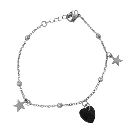 NEGRO CRISTAL CORAZON 2 ESTRELLAS LISAS 5 BOLITAS 18+3CM PULSERA / TOBILLERA