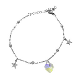 CRISTAL AB TORNASOLADO CORAZON 2 ESTRELLAS LISAS 5 BOLITAS 18+3CM PULSERA / TOBILLERA