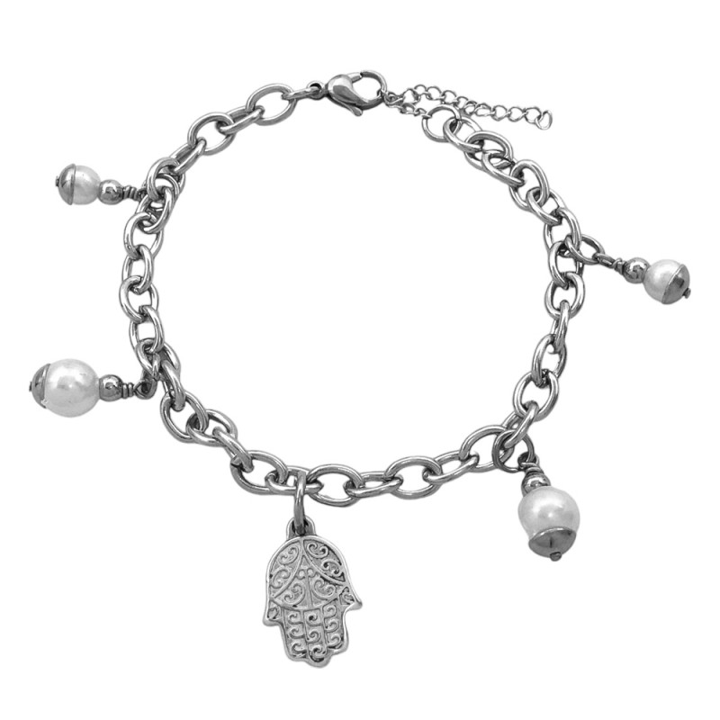 MANO DE FATIMA C/ RELIEVE Y CUATRO PERLAS C/ CALOTAS 19+3CM PULSERA