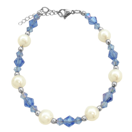 AZUL CRISTAL C/ SEIS PERLAS GRANDES Y CONOS DE DOS TAMAÑOS 19+3CM PULSERA