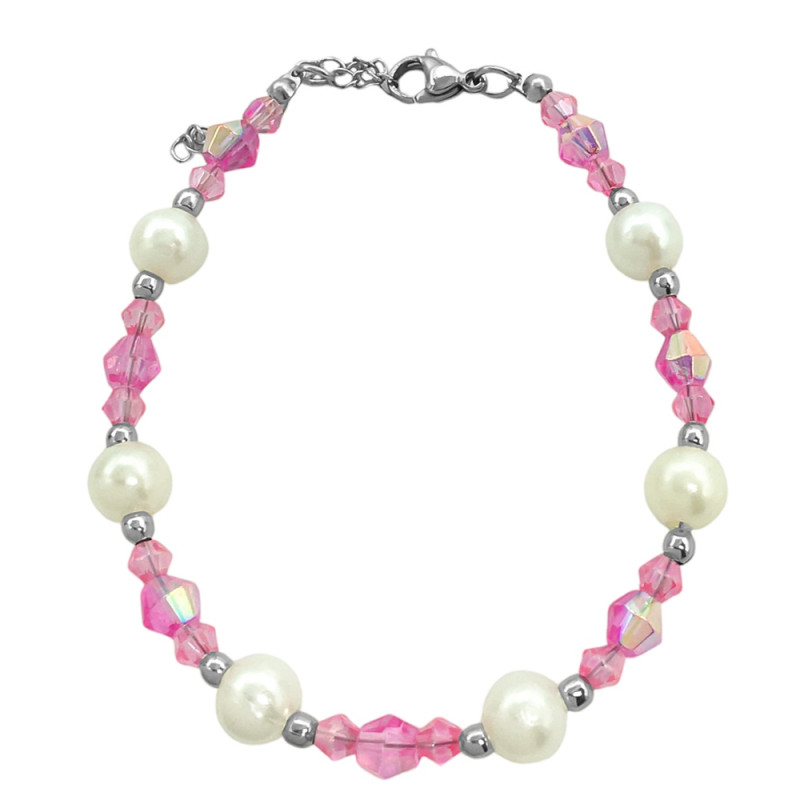 ROSA CRISTAL C/ SEIS PERLAS GRANDES Y CONOS DE DOS TAMAÑOS 19+3CM PULSERA