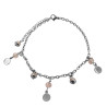 ROSA SUAVE CRISTAL TRES MONEDAS LISAS SEIS CUENTAS TRES CALOTAS 20 + 4 CM PULSERA / TOBILLERA