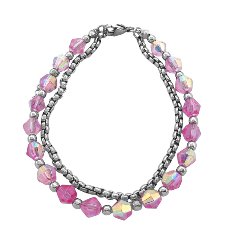 FUCSIA TORNASOLADO TRASLUCIDO DOBLE CONO CRISTAL FACETADO Y ROLO CUADRADA 18+2 CM PULSERA