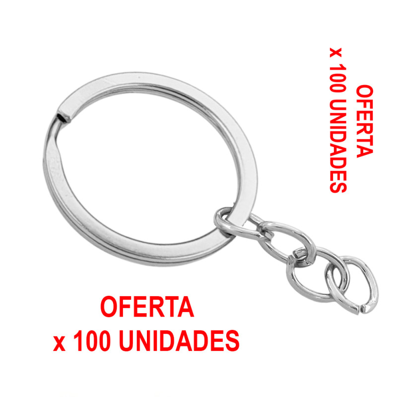 OFERTA x100 UNIDADES 30MM "HIERRO NIQUELADO" ARGOLLA PLANA CON CADENA 2.5CM PARA LLAVERO