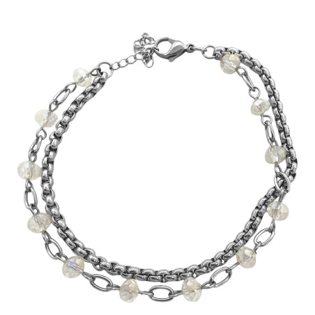 CRISTAL AB TORNASOLADO CUENTAS DOBLE CADENA FORCE Y ROLO CUADRADA 19+3 CM PULSERA