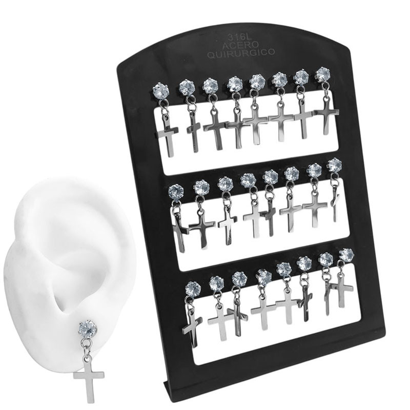 BLISTER x12 PARES CUBIC C/ CRUZ RECTA LISA COLGANTE AROS