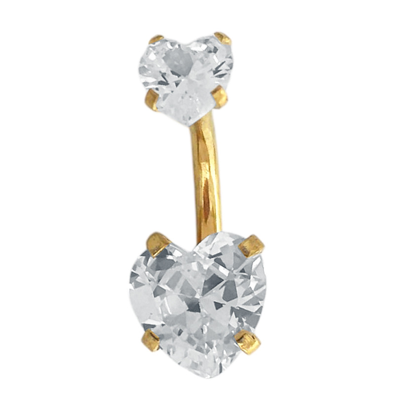 DORADO CRISTAL PIERCING OMBLIGO 2 CORAZONES ACERO QUIRURGICO PIERCING