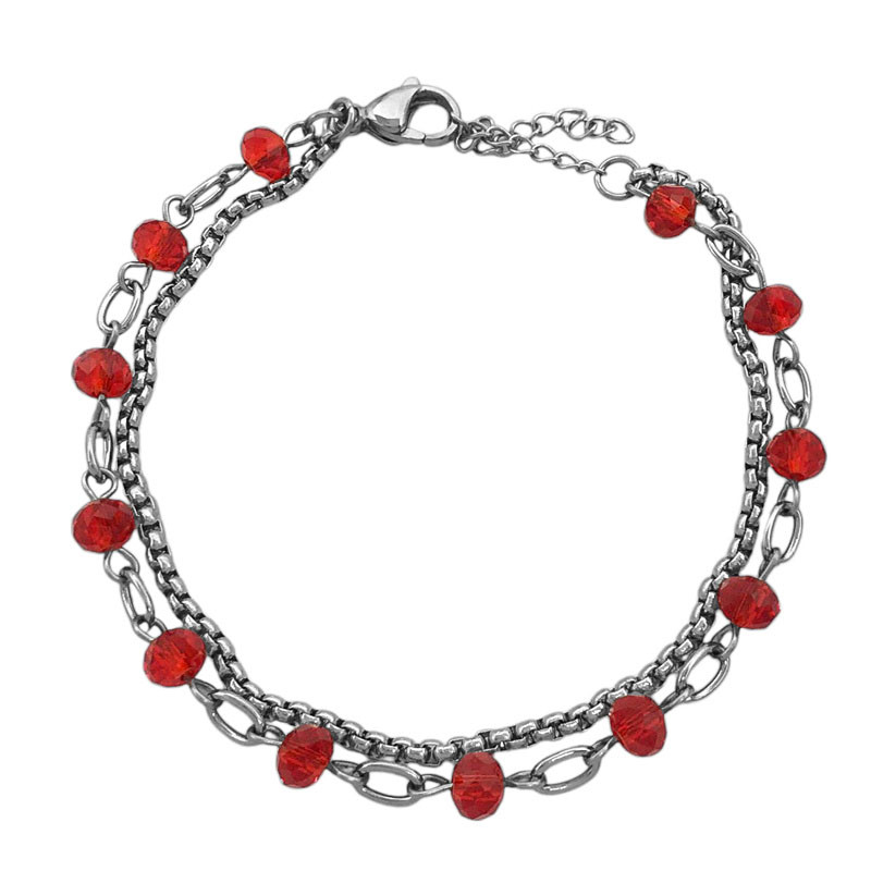 TRASLUCIDO ROJO CUENTAS DOBLE CADENA FORCE Y ROLO CUADRADA 19+3 CM PULSERA