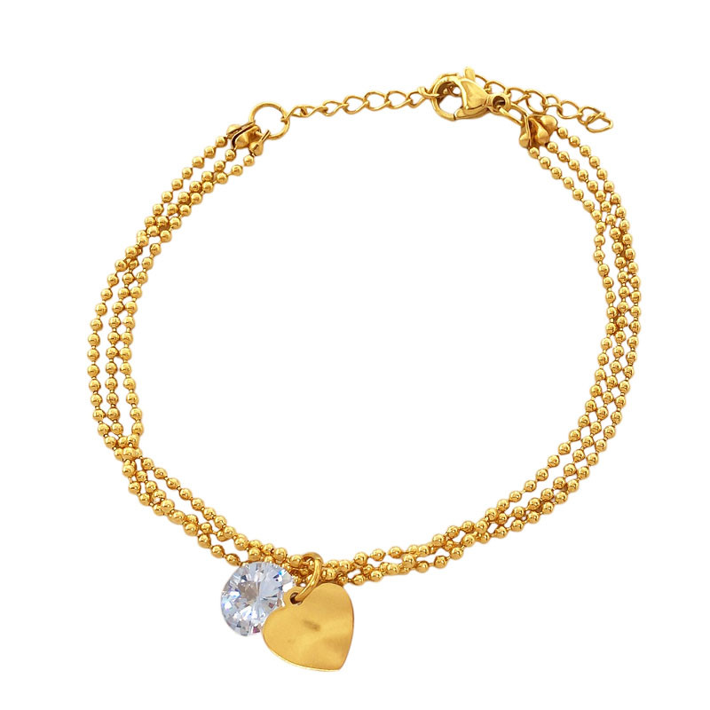 DORADO CORAZON Y CUBIC TRIPLE CADENA BOLITAS 18+4CM PULSERA