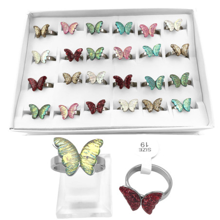 CAJA x24 MARIPOSAS CRISTAL COLORES SURTIDOS ANILLO