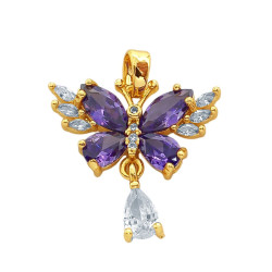 DORADO PREMIUM MARIPOSA CUBIC VIOLETAS Y CRISTAL EN LAS ALAS Y Y UNA GOTA EN CRISTAL COLGANDO DIJE