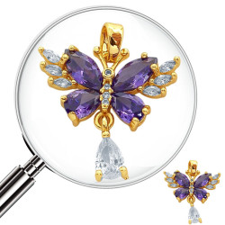 DORADO PREMIUM MARIPOSA CUBIC VIOLETAS Y CRISTAL EN LAS ALAS Y Y UNA GOTA EN CRISTAL COLGANDO DIJE