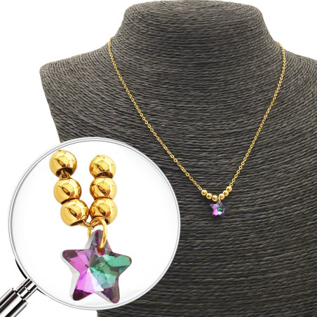 DORADO ESTRELLA VIOLETA / VERDE TURQUESA TORNASOLADO Y SEIS BOLITAS 45CM COLLAR