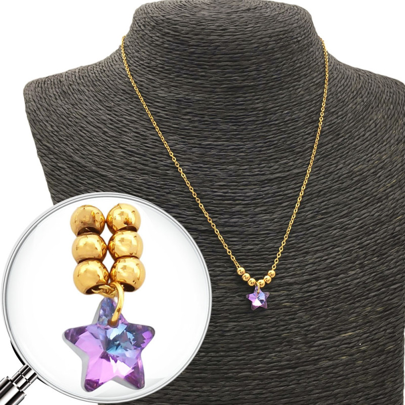 DORADO ESTRELLA LILA /AZUL TORNASOLADO Y SEIS BOLITAS 45CM COLLAR