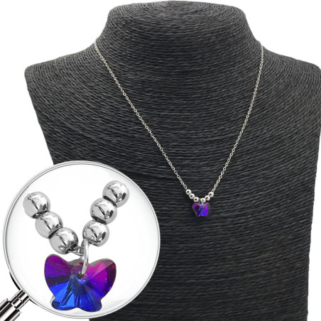 MARIPOSA AZUL / FUCSIA TORNASOLADO Y SEIS BOLITAS 45CM COLLAR