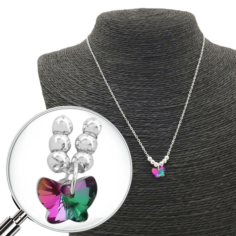 BLANCO MARIPOSA VIOLETA / VERDE TURQUESA TORNASOLADO Y SEIS BOLITAS 45CM COLLAR