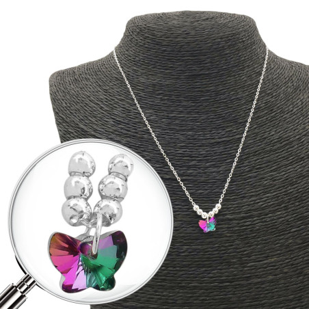 BLANCO MARIPOSA VIOLETA / VERDE TURQUESA TORNASOLADO Y SEIS BOLITAS 45CM COLLAR