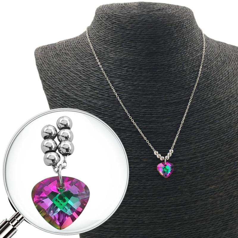CORAZON VIOLETA / VERDE TURQUESA TORNASOLADO Y SEIS BOLITAS 45CM COLLAR