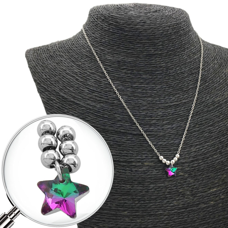 ESTRELLA VIOLETA / VERDE TURQUESA TORNASOLADO Y SEIS BOLITAS 45CM COLLAR