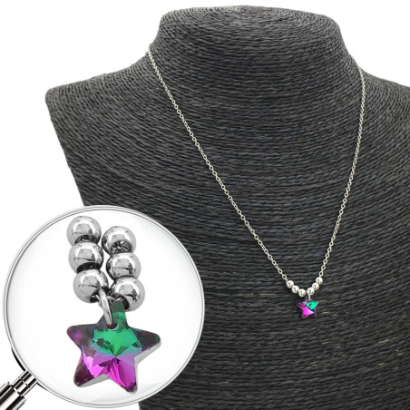 ESTRELLA VIOLETA / VERDE TURQUESA TORNASOLADO Y SEIS BOLITAS 45CM COLLAR