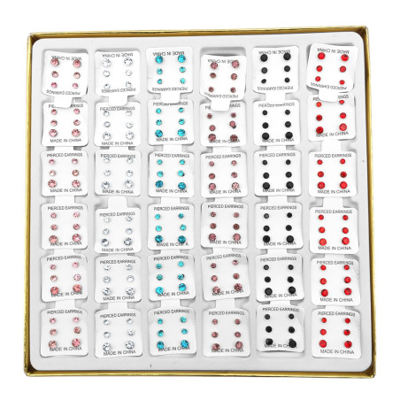 CAJA X108 PARES ARITOS STRASS MEDIDAS Y COLORES SURTIDOS ARO