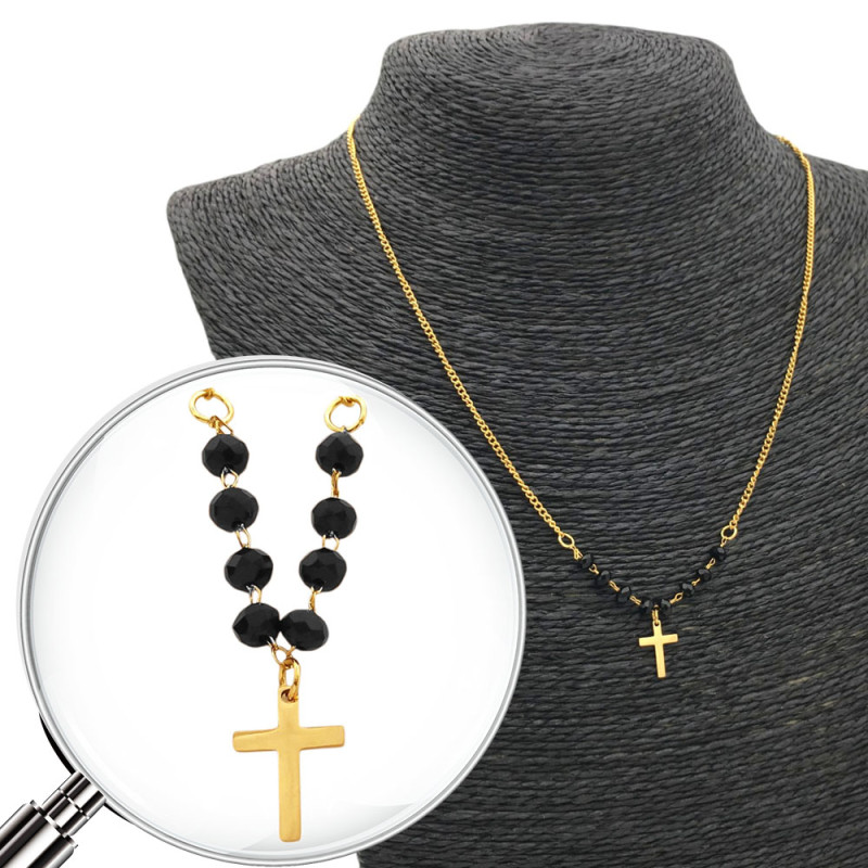 DORADO CRUZ CUENTAS NEGRAS Y CADENA GROUMET 46CM COLLAR