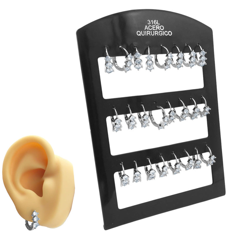 BLISTER X12 PARES TRES ROMBOS DE CUBIC ZIRCON MEDIANOS C/ CIERRE BISAGRA AROS