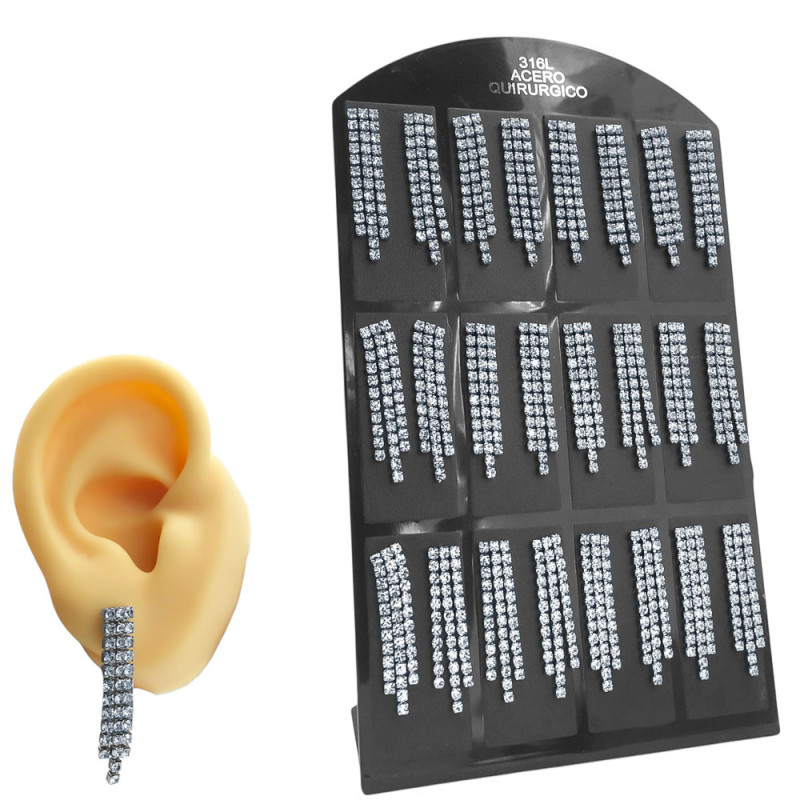 BLISTER X12 PARES TRES TIRAS C/ STRASS CRISTAL COLGANTES DOS IGUALES Y LA CENTRICA MAS LARGA ARO