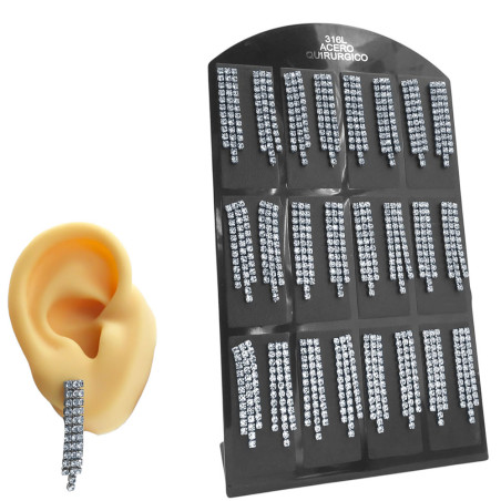 BLISTER X12 PARES TRES TIRAS C/ STRASS CRISTAL COLGANTES DOS IGUALES Y LA CENTRICA MAS LARGA ARO